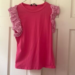 Strut & Bolt, small women’s shirt, pink with pink & white ruffle sleeves.